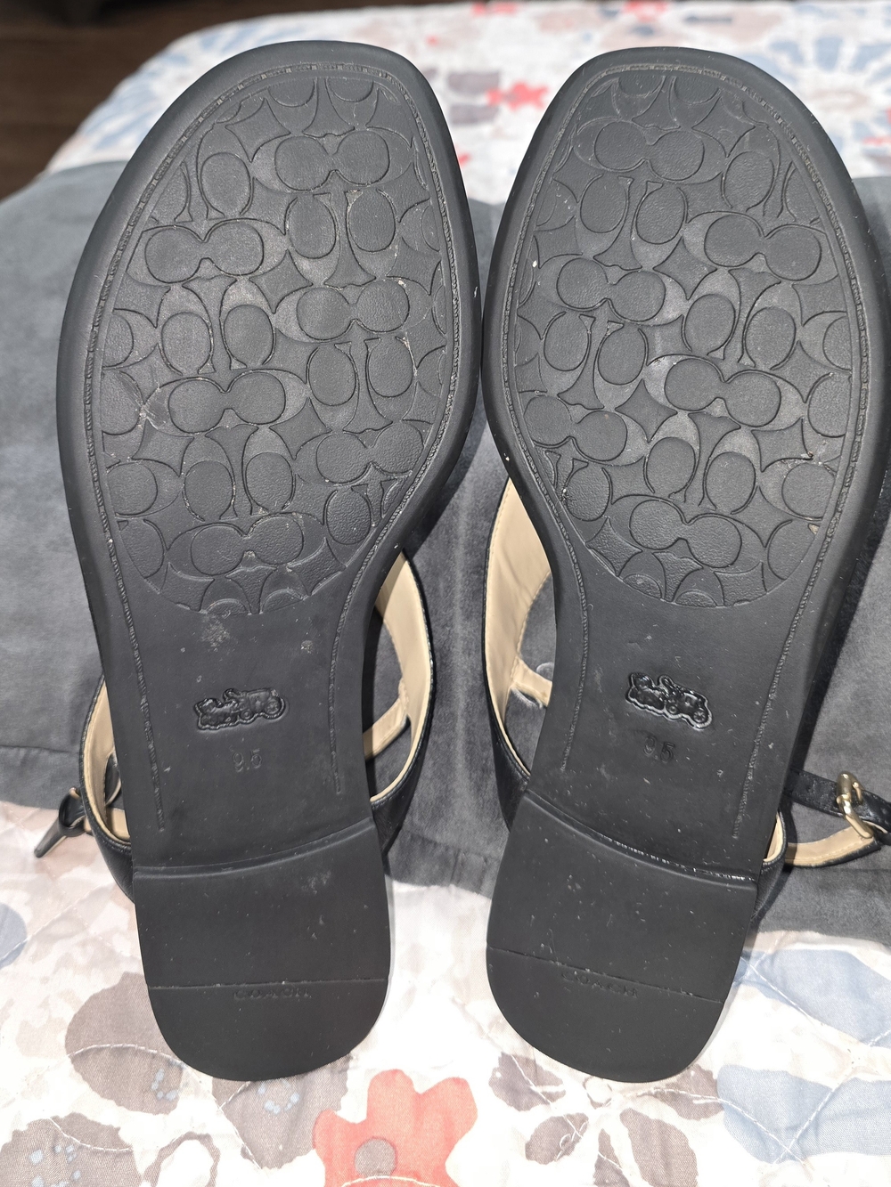 COACH Black Leather Thong Sandals with Gold Hardware - Picture 3 of 5